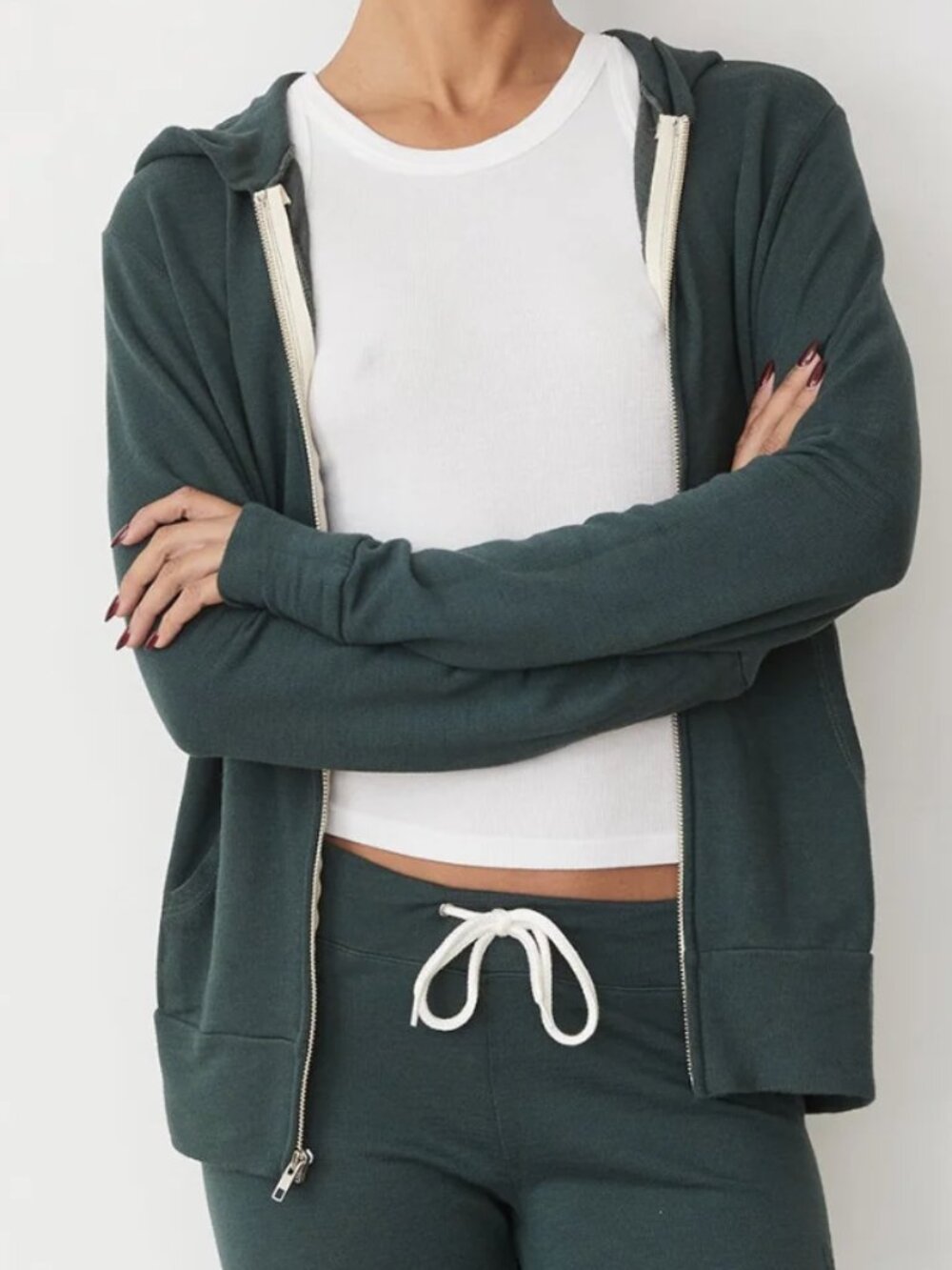 MONROW Supersoft Zip Up Hoodie Sweater in Sea Moss Green Small Lounge Travel